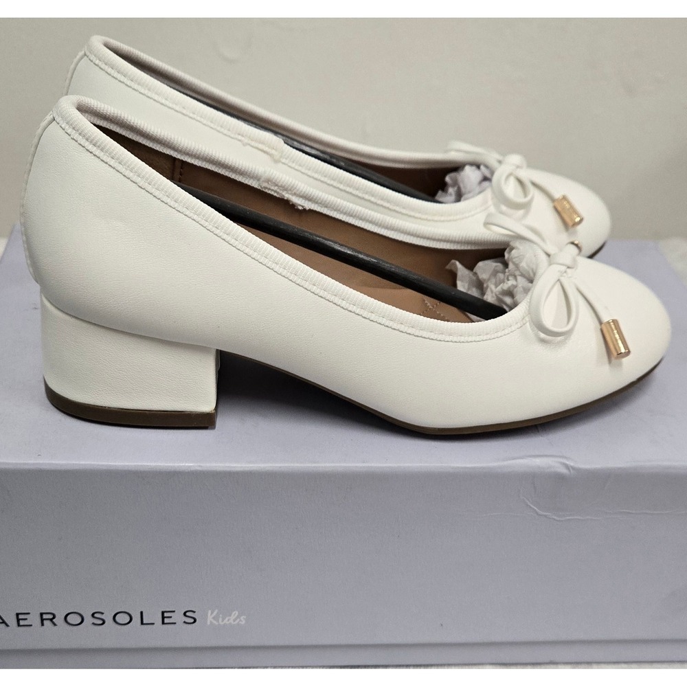 Aerosoles Kids White Bow Block Heel Dress Shoes Size 12 Round Toe Ballet Pumps